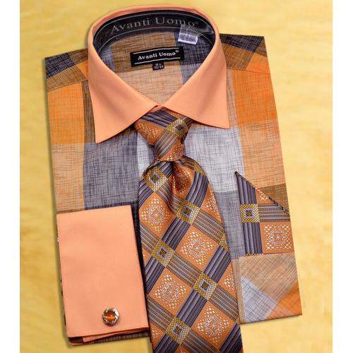 Avanti Uomo Peach / Grey / Orange Check Design Shirt / Tie / Hanky Set With Free Cufflinks DN65M.